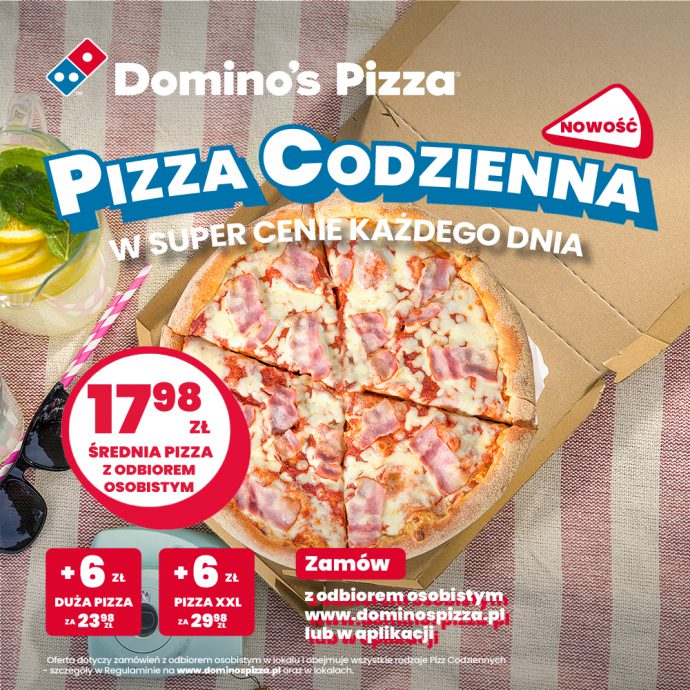 średnia Pizza Codzienna z odbiorem osobistym za 17,98 zł, duża za 23,98 zł, a pizza XXL za 29,98 zł